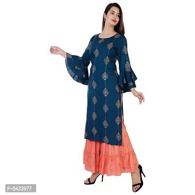 KBZ Women's Rayon Gold Print Straight Kurta  Sharara Set (Navy Blue)-thumb3