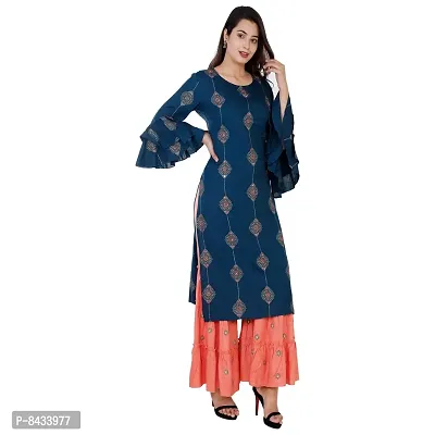 KBZ Women's Rayon Gold Print Straight Kurta  Sharara Set (Navy Blue)-thumb4