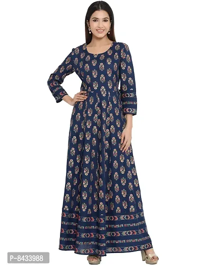 KBZ Women's Gold Print Rayon Anarkali Kurta (Blue)-thumb0