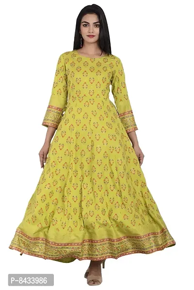 KBZ Women's Rayon Slub Gold Print Anarkali Kurta (Green)-thumb0