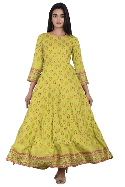 KBZ Women's Rayon Slub Print Anarkali Kurta (Green)