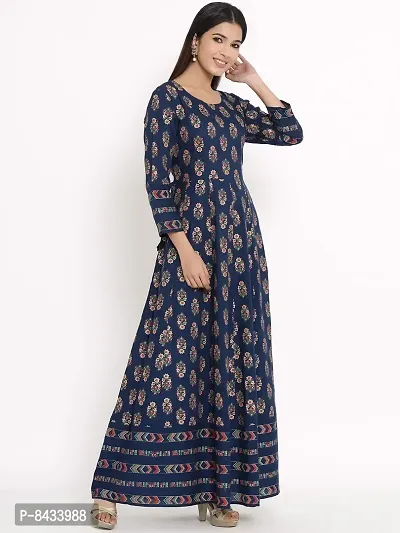 KBZ Women's Gold Print Rayon Anarkali Kurta (Blue)-thumb3