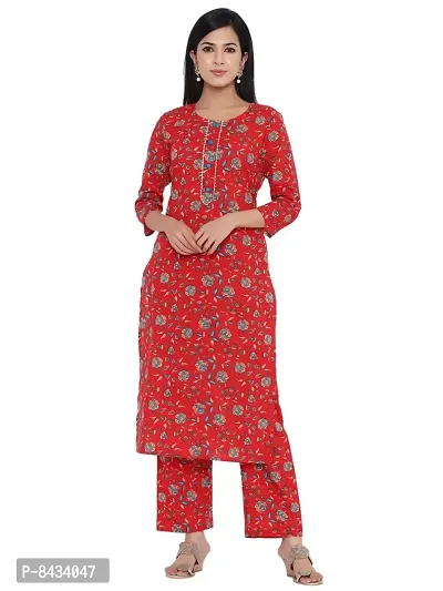 KBZ Woman's Floral Printed Straight Kurti with Palazzo in Cotton (Red)