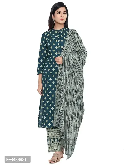 KBZ Women's Rayon Printed Straight Kurta, Plazzo With Dupatta Set (Green)-thumb0