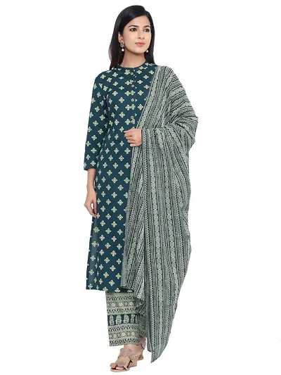 KBZ Women's Rayon Straight Kurta, Plazzo With Dupatta Set (Green)