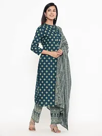 KBZ Women's Rayon Printed Straight Kurta, Plazzo With Dupatta Set (Green)-thumb2