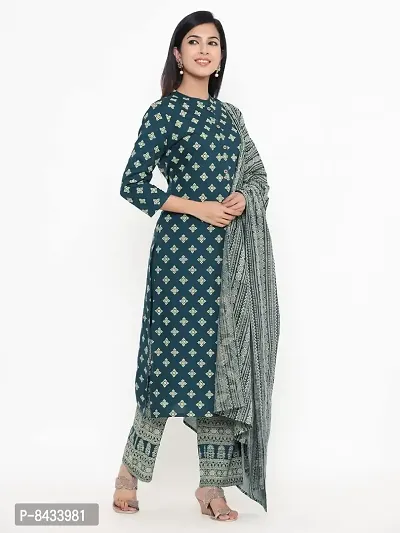 KBZ Women's Rayon Printed Straight Kurta, Plazzo With Dupatta Set (Green)-thumb3