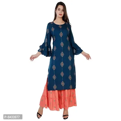 KBZ Women's Rayon Gold Print Straight Kurta  Sharara Set (Navy Blue)