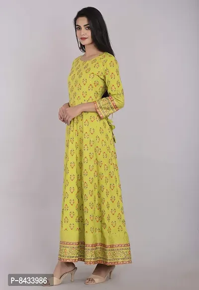 KBZ Women's Rayon Slub Gold Print Anarkali Kurta (Green)-thumb2