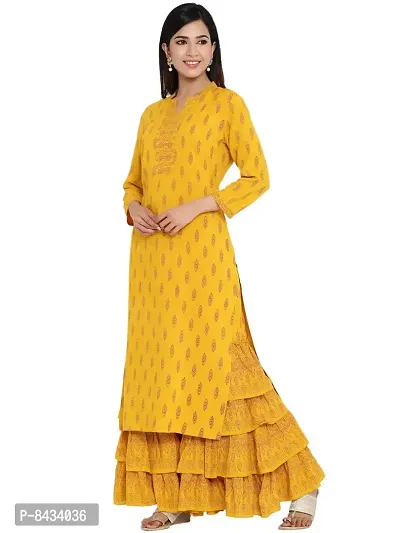 KBZ Women's Rayon Printed Straight Kurta and Sharara Set (Yellow)