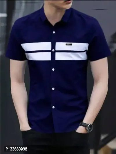 Stylish Blue Cotton Short Sleeves Regular Fit Casual Shirt For Men-thumb0