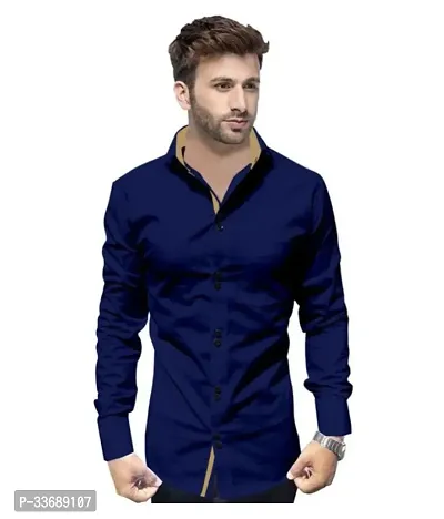 Stylish Navy Blue Cotton Long Sleeves Regular Fit Casual Shirt For Men-thumb0