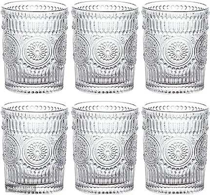 6-Pack Embossed Drinking Glasses, Romantic Glassware, Vintage Glass Tumblers For Juice, Beverages, Cocktail, Capacity - (320Ml)