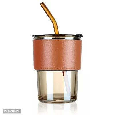 Glass Tumbler With Glass Straw And Lid 435Ml, Glass Cup With Leather Sleeve, Glass Coffee Mugs For Straw And Direct Drinking Mouth Dual Use, Summer Travel Essential Glass Bottles (1)-thumb0