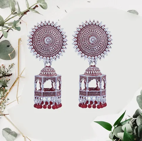 Jhumka Earrings For Women Traditional Oxidized Silver Plated Pink Jhumki Earrings for women and girls ER62A