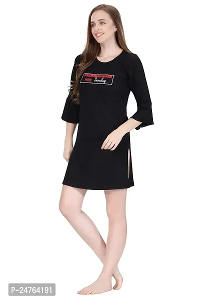 The Wardrobe Farm TWF Bell Sleeve Printed Short Night Dress for Women / Cotton Nighty - Black (Size XL)-thumb0