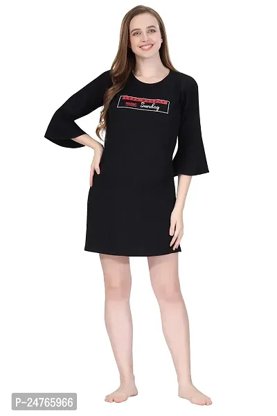 The Wardrobe Farm TWF Bell Sleeve Short Night Dress for Women / Cotton Nighty - Black (Size L)-thumb4