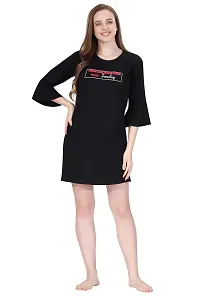 The Wardrobe Farm TWF Bell Sleeve Printed Short Night Dress for Women / Cotton Nighty - Black (Size XL)-thumb3