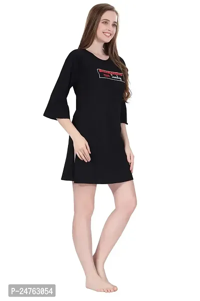 The Wardrobe Farm TWF Bell Sleeve Printed Short Night Dress for Women / Cotton Nighty - Black (Size 2XL)-thumb3