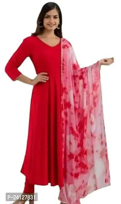 Women Rayon Solid Printed Kurti and Dupatta Set (Red_L)