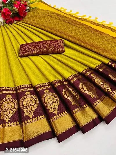 Elite Yellow Cotton Silk Jacquard Women Saree with Blouse piece