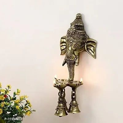 Metal Ganesha Wall Hanging Diya with Bells for Home Decor, Gold Metal Hanging Diyas Oil Lamp, Diwali Gifts, Diyas for Diwali, Ghanti for Pooja, Temple Decor, Standard, Pack of 1