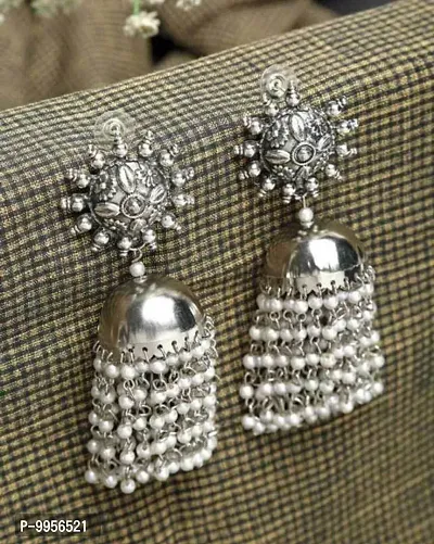 Oxidised Silver Traditional Earring With White Pearl Afghani Long Tassel Sun Shape Bigger Jhumki for Women  Girls-thumb0