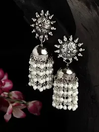 Oxidised Silver Traditional Earring With White Pearl Afghani Long Tassel Sun Shape Bigger Jhumki for Women  Girls-thumb2