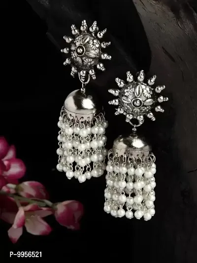 Oxidised Silver Traditional Earring With White Pearl Afghani Long Tassel Sun Shape Bigger Jhumki for Women  Girls-thumb3