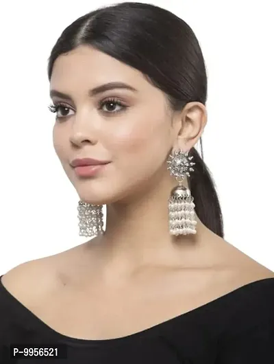Oxidised Silver Traditional Earring With White Pearl Afghani Long Tassel Sun Shape Bigger Jhumki for Women  Girls-thumb4