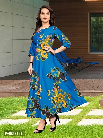 Stylish Blue Crepe Floral Printed Dresses For Women-thumb0