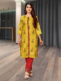 LABEL DE VEDA Womens Cotton Printed Straight Kurta Pant Set (Yellow & Red, M)-thumb4