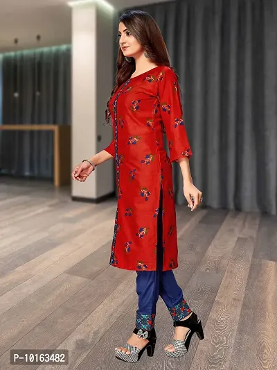 LABEL DE VEDA Womens Cotton Printed Straight Kurta Pant Set (Red & Blue, L)-thumb4