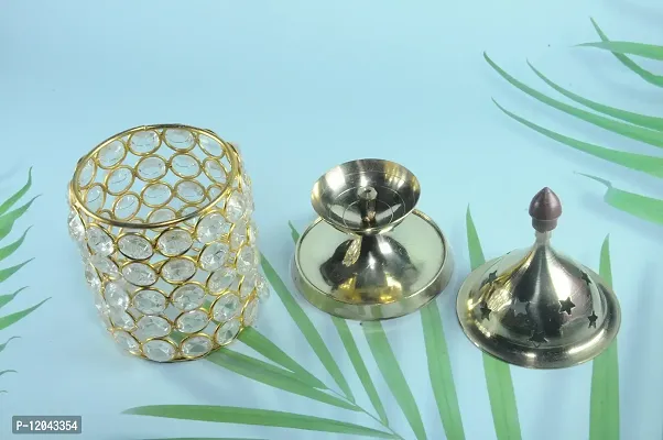 Karauli Collection Brass Crystal Akhand Jyot Diya for Diwali Decorative Crystals Tea Light Holder Lantern | Gold Plated Deepawali Puja Lamp Jini Brass Cystal Deepak | Akhand Jyoti Magical Deep-thumb4