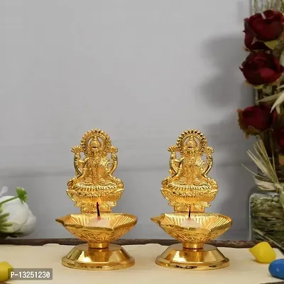 Laxmi Ganesh Diya Idol Set for Diwali Pooja Metal Gold Plated Laxmi Ganesha-thumb0
