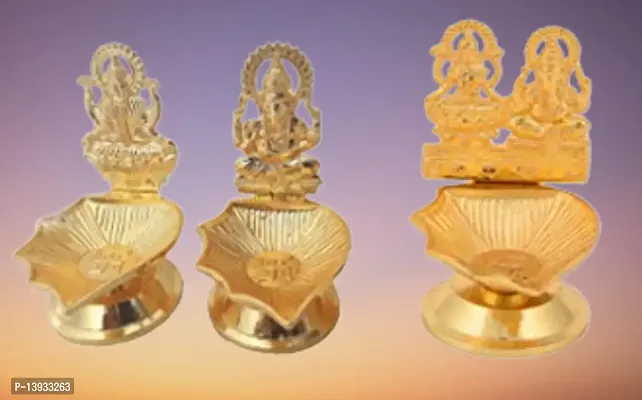 Metal Laxmi Ganesha Idols Diya Oil Lamp for Home Puja Decor Golden Finish Oil Lamp for Diwali Diya Puja Gift-thumb0