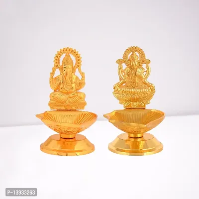 Metal Laxmi Ganesha Idols Diya Oil Lamp for Home Puja Decor Golden Finish Oil Lamp for Diwali Diya Puja Gift-thumb3