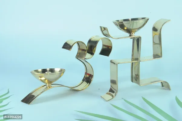 Brass Swastik Diya Oil Puja Lamp Decorative for Home Office Gifts Decor for Pooja Set of 2 pcs (Om aarti Swastik Diya)-thumb3