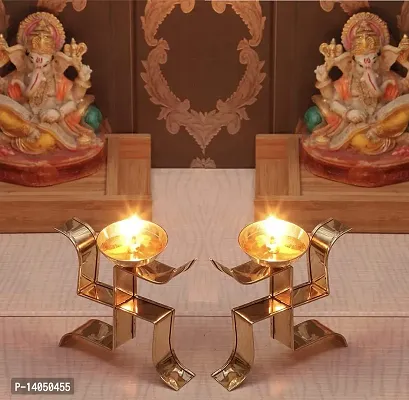 Brass Swastik Diya Oil Puja Lamp Decorative for Home Office Gifts Decor for Pooja Set of 2 pcs (Swastik Diya)-thumb0