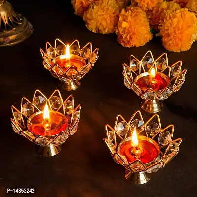 Brass  Crystal Small Bowl Diya Round Shape Kamal Deep/Akhand Jyoti/Oil Lamp for Home Temple Puja Decor Gifts (Width-3 inch, Hight-2.5 inch) (Pack of 4)
