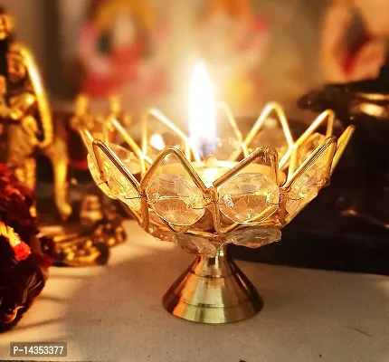 Brass Crystal Bowl Design Akhand Diya Oil Lamp Stand for Puja Home Diwali Decoration (Golden) Pack of 2-thumb3