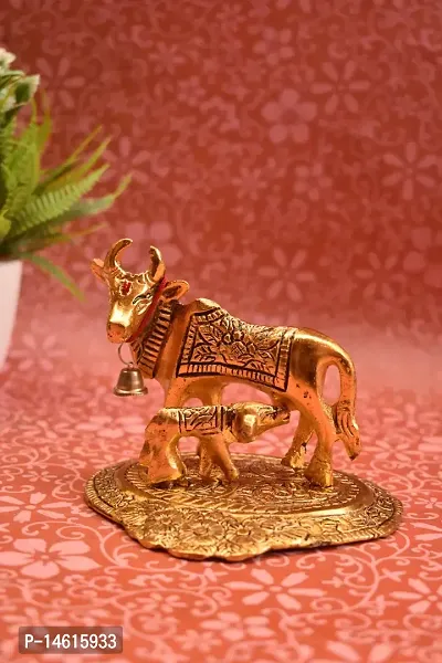 Kamdhenu Cow with Calf Metal Statue Figurine Decorative Gift Item Showpiece for Home Decor - Diwali Decorations Religious Items for Home (Set of 1), Golden-thumb0