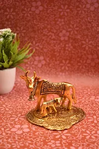 Kamdhenu Cow with Calf Metal Statue Figurine Decorative Gift Item Showpiece for Home Decor - Diwali Decorations Religious Items for Home (Set of 1), Golden-thumb1