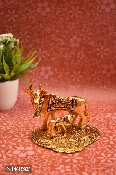 Kamdhenu Cow with Calf Metal Statue Figurine Decorative Gift Item Showpiece for Home Decor - Diwali Decorations Religious Items for Home (Set of 1), Golden-thumb2