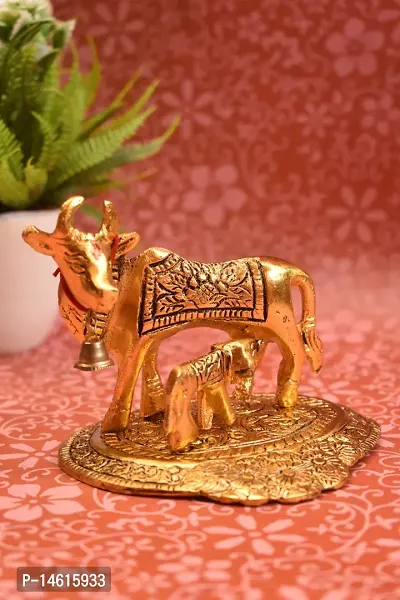 Kamdhenu Cow with Calf Metal Statue Figurine Decorative Gift Item Showpiece for Home Decor - Diwali Decorations Religious Items for Home (Set of 1), Golden-thumb3
