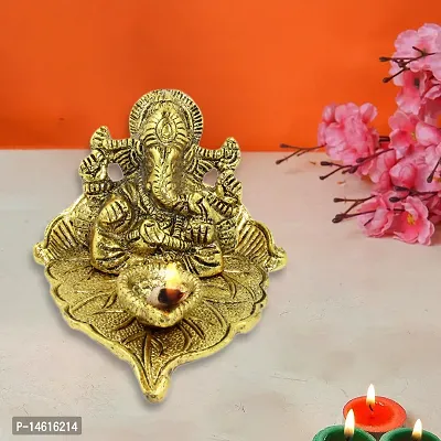 Metal Golden Oxidized Peepal Patta Ganesha with Diya Decorative Diwali Home Decoration  Gift Item-thumb0