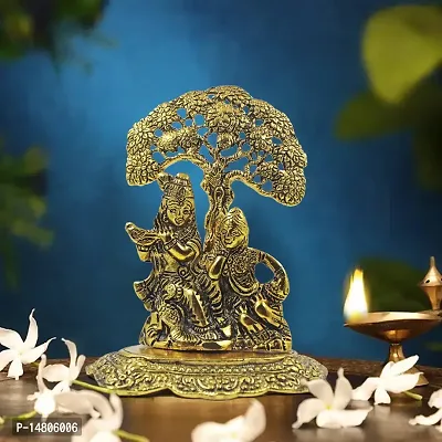 Metal Radha Krishna Sitting Under Tree , Radha Krishna Idol, 7 x 5 x 3 Inches, Golden-thumb0