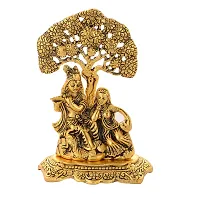 Metal Radha Krishna Sitting Under Tree , Radha Krishna Idol, 7 x 5 x 3 Inches, Golden-thumb1