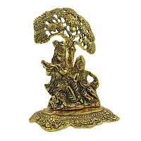 Metal Radha Krishna Sitting Under Tree , Radha Krishna Idol, 7 x 5 x 3 Inches, Golden-thumb2