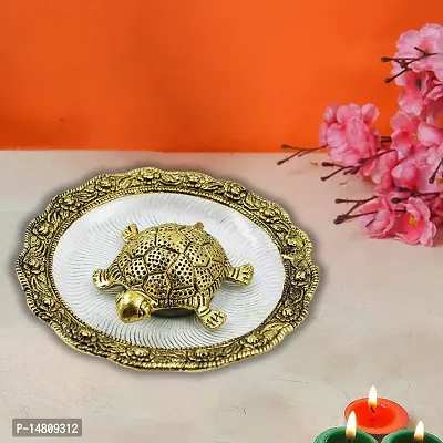 Metal Feng Shui Tortoise On Plate for Good Luck Turtle Vastu Gift for Career and Luck Home Decoration (Golden, Diameter: 5.5 Inch)-thumb0